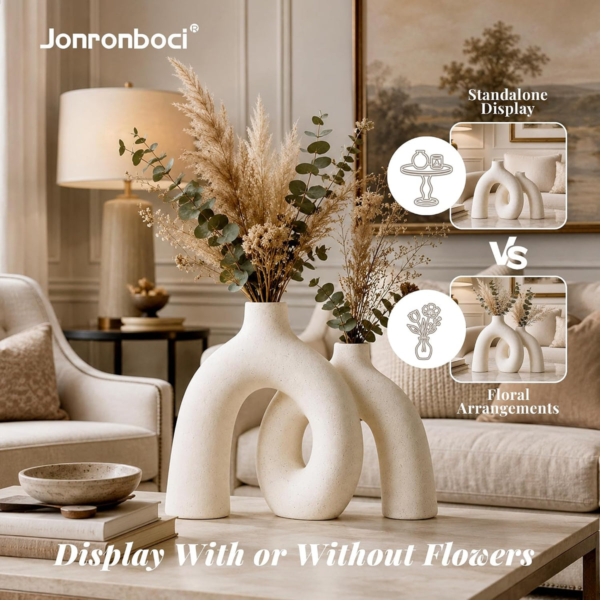 Two cream ceramic donut vases shown with an interior water view alongside a decorative gift box on a tabletop