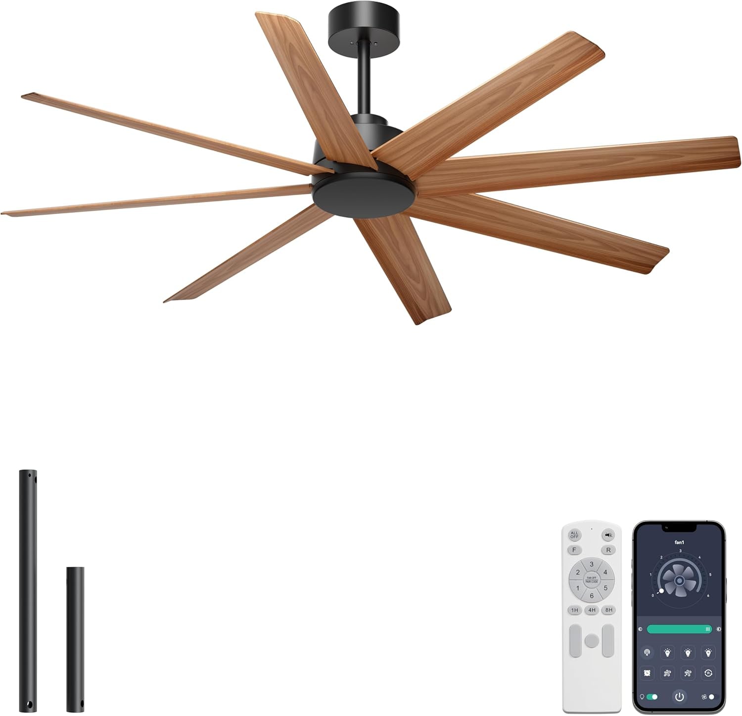 Isolated angled view of the wood-grain eight-blade fan with two downrods, remote, and phone app shown