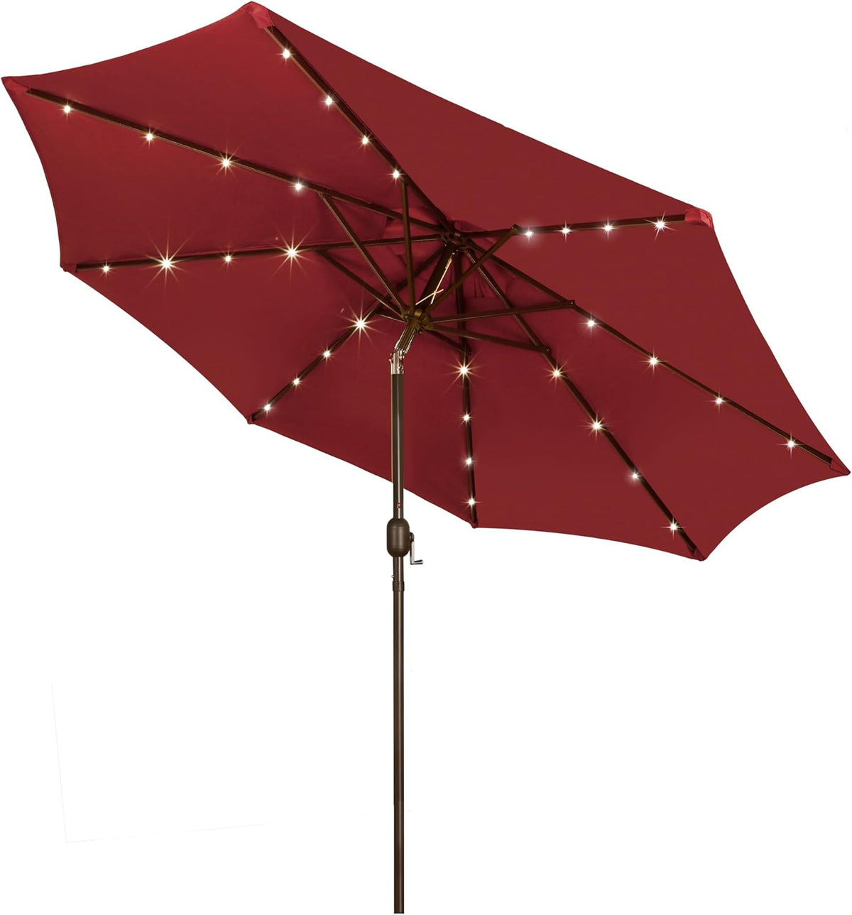 Underside view of a red patio umbrella with lit string LEDs along the ribs and a visible crank pole.