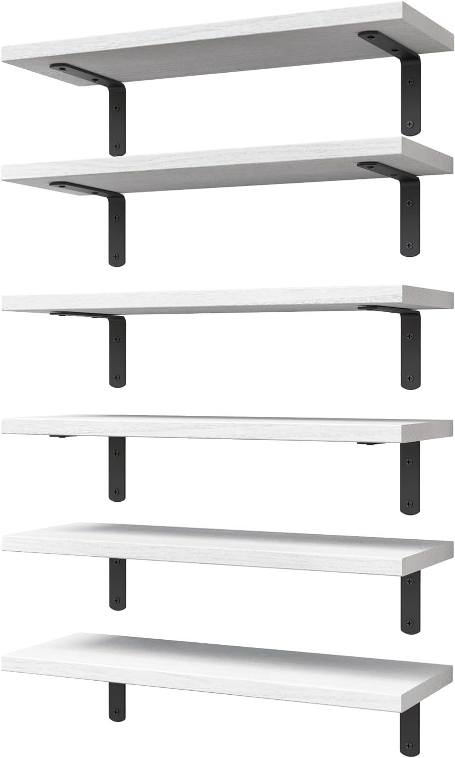 Six white wood-effect floating shelves with black metal L-brackets shown stacked vertically on a white background.