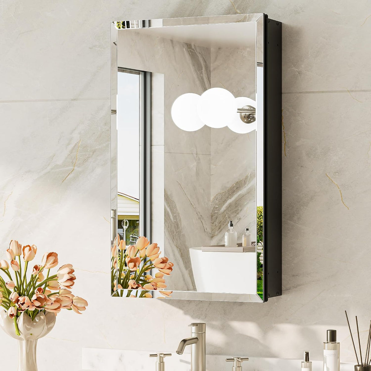 Single recessed mirrored cabinet with a dark recessed box mounted above a sink, vase of tulips reflected.