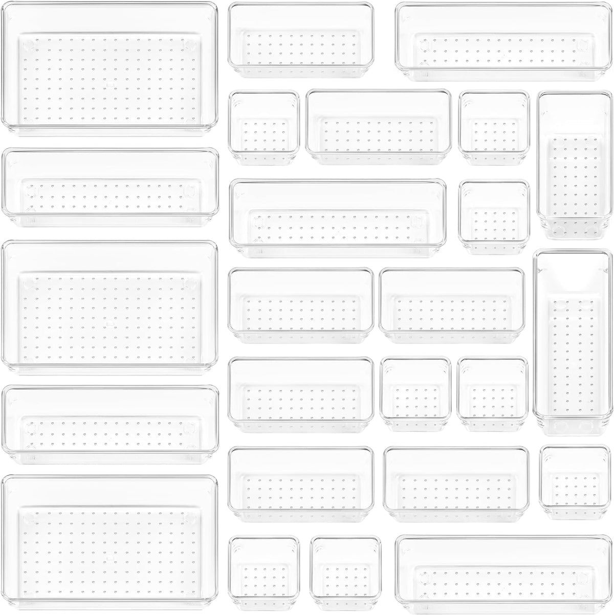 Overhead arrangement of clear plastic organizer trays shown empty on a white background