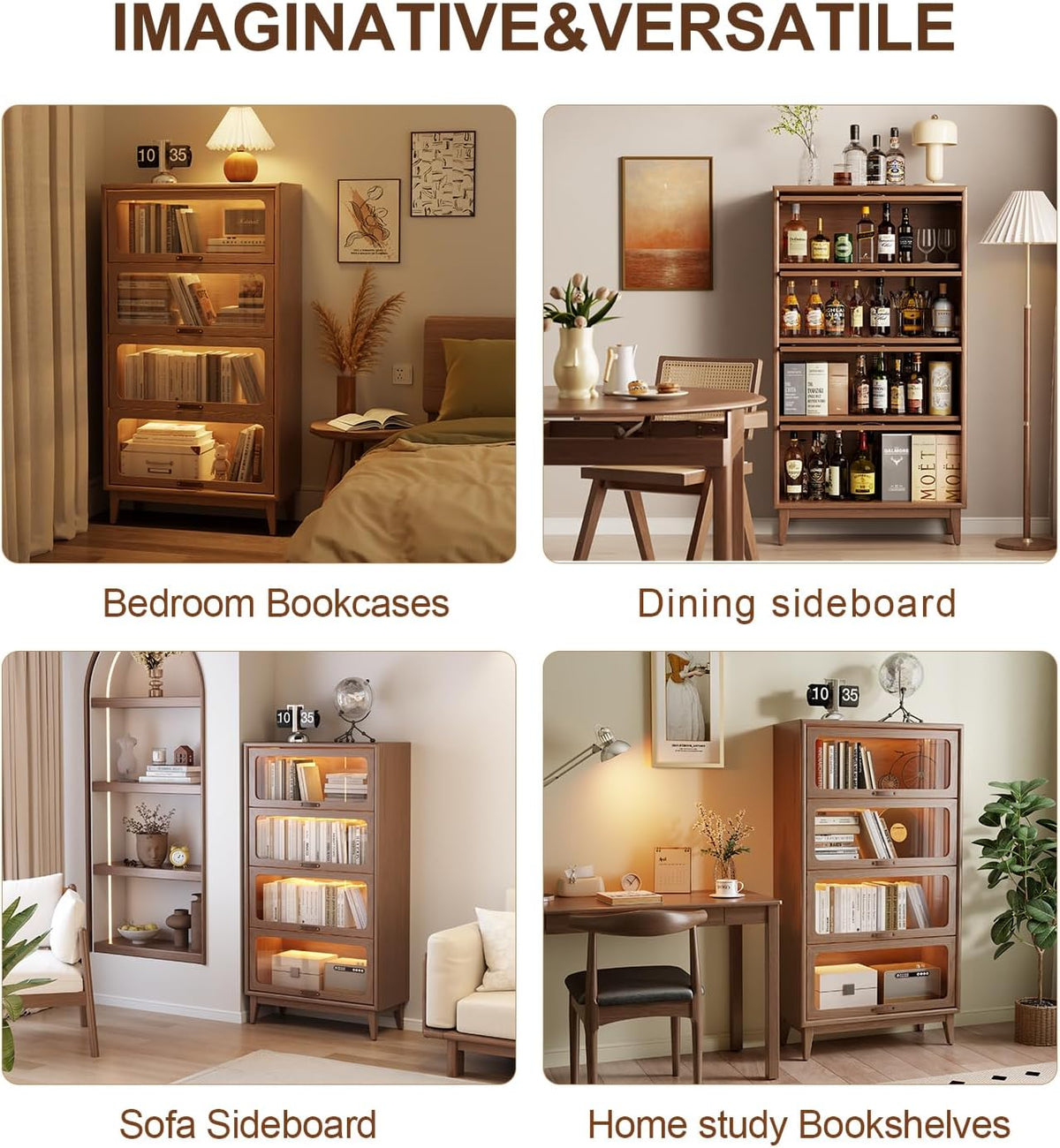 Four-scene collage showing the bookcase used in bedroom, dining, living and home study settings in brown finish