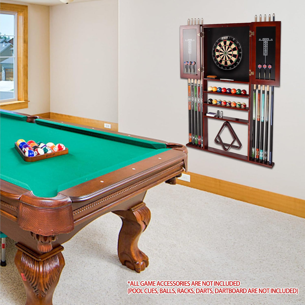 Wall-mounted cue cabinet displayed in a game room beside a green pool table and window.