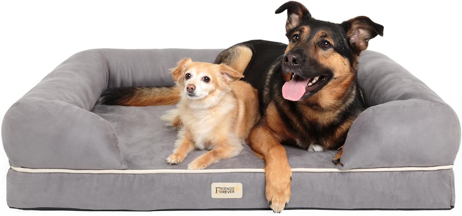 Wide view of two dogs sharing the grey bolster bed, a larger black-and-tan dog leaning over the front bolster next to a