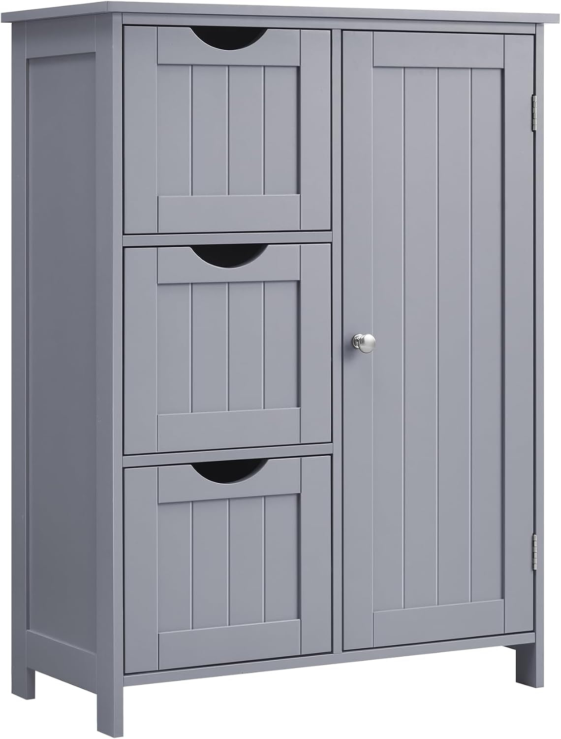 Light gray cabinet with three visible left drawers and a closed right door with a round metal knob