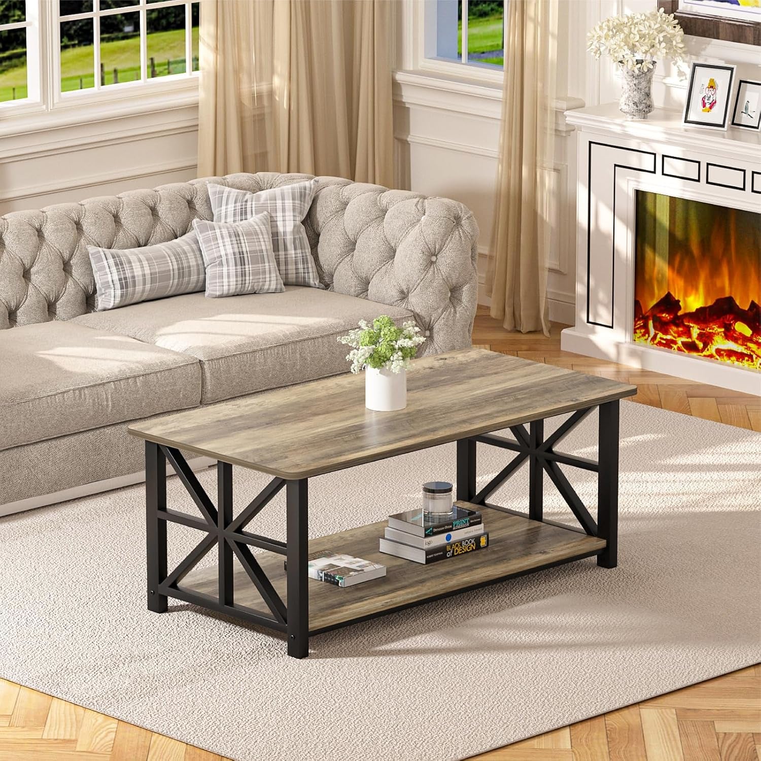 Rectangular coffee table with wood top and black metal X-frame shelf in a cozy living room setting.