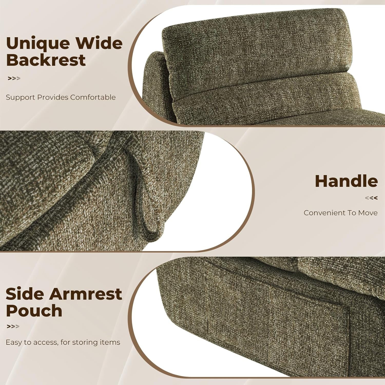 Three-panel close-ups showing wide cushioned backrest, fabric carry handle loop, and a side armrest pouch in olive-green