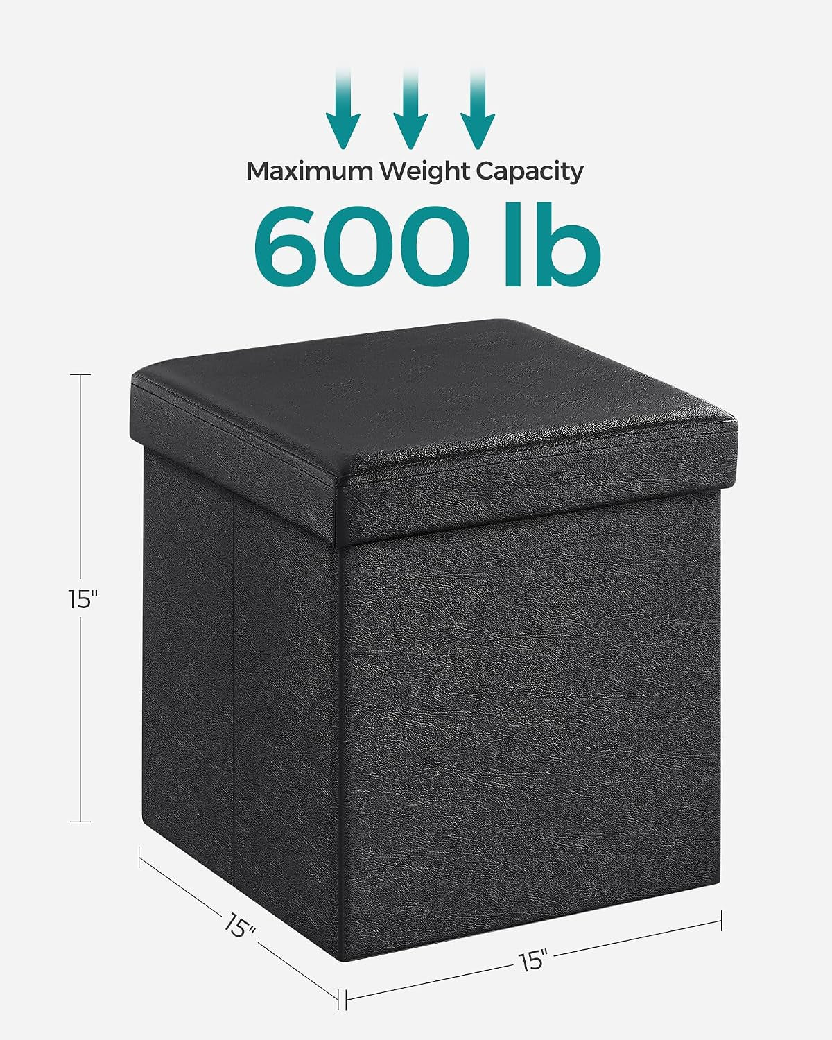 Black ottoman with dimension callouts showing 15 by 15 by 15 inches and weight capacity graphic