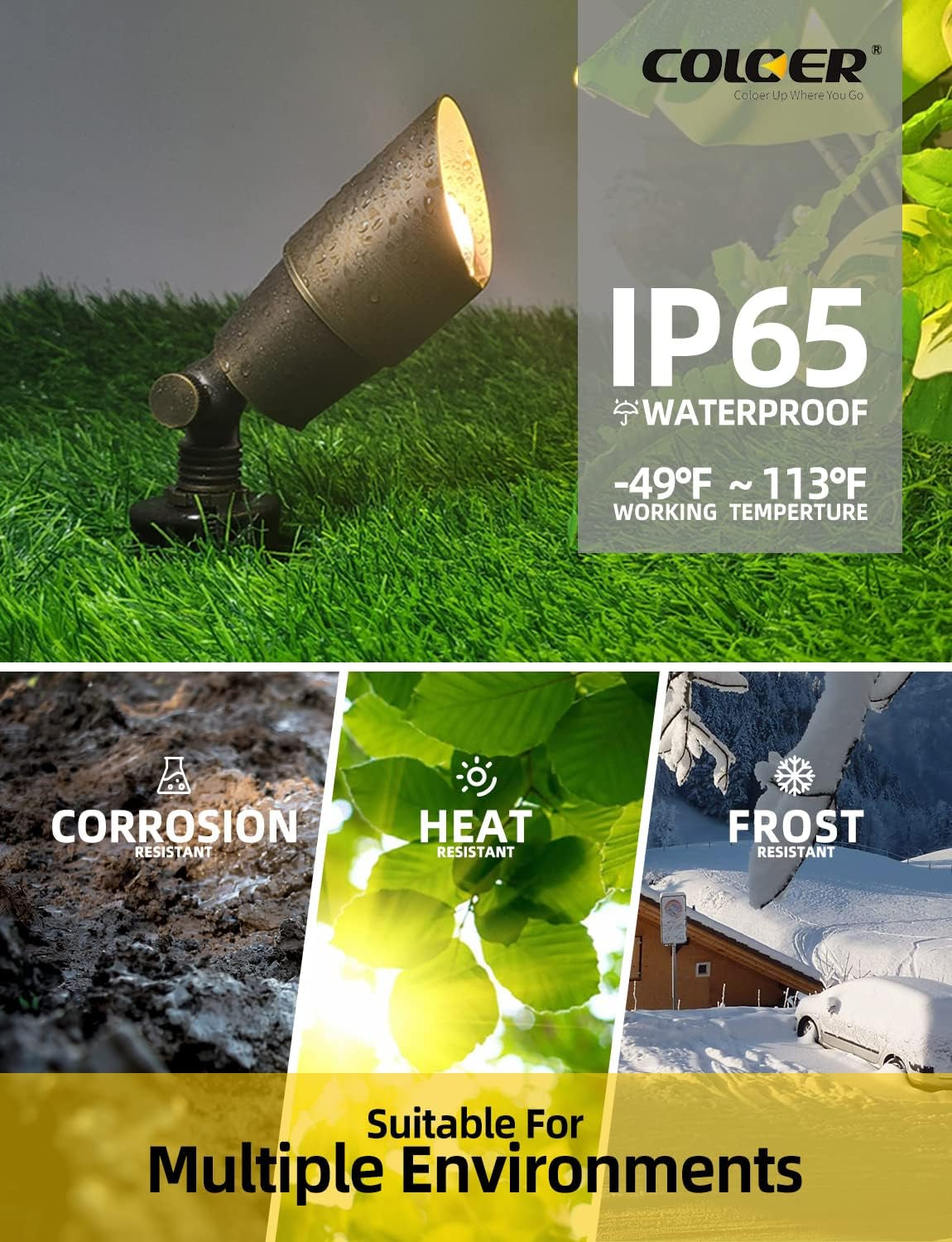 Spotlight on wet grass with water droplets and overlay text indicating IP65 and temperature range