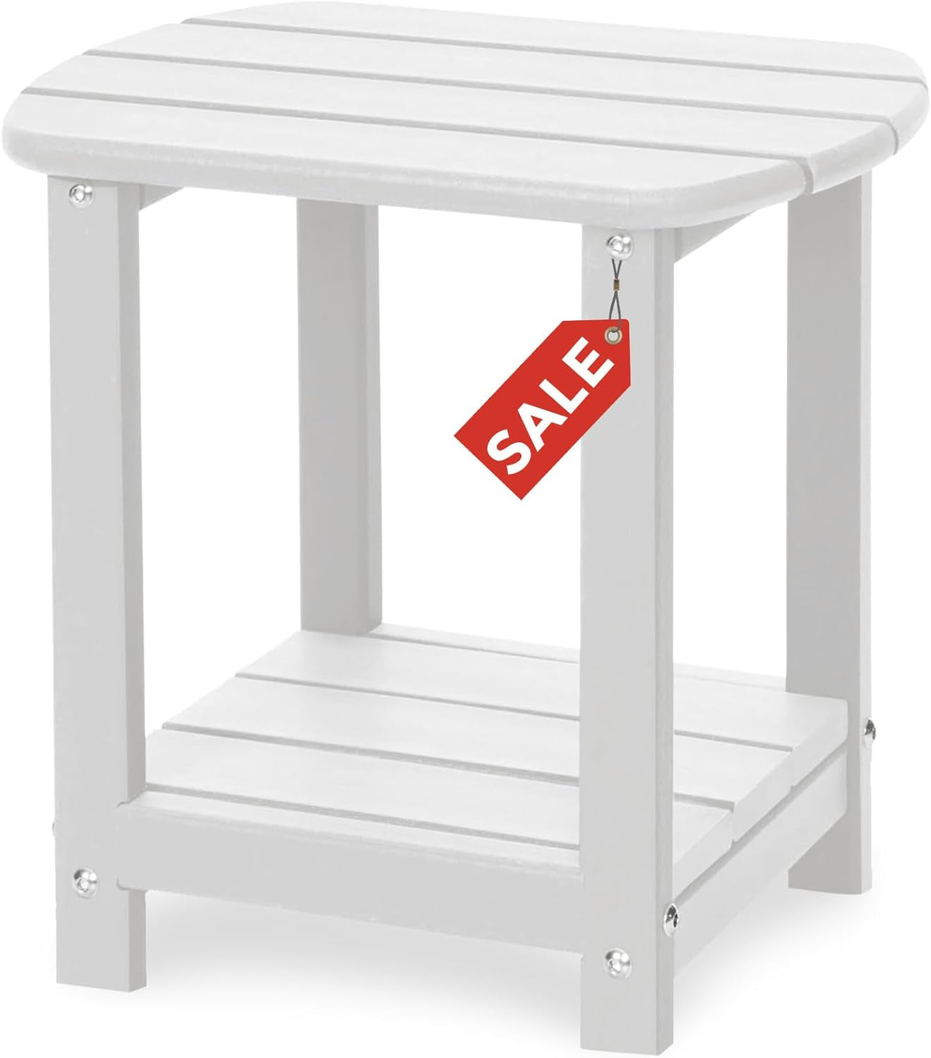 White Adirondack-style two-tier side table angled front view showing top and lower shelf