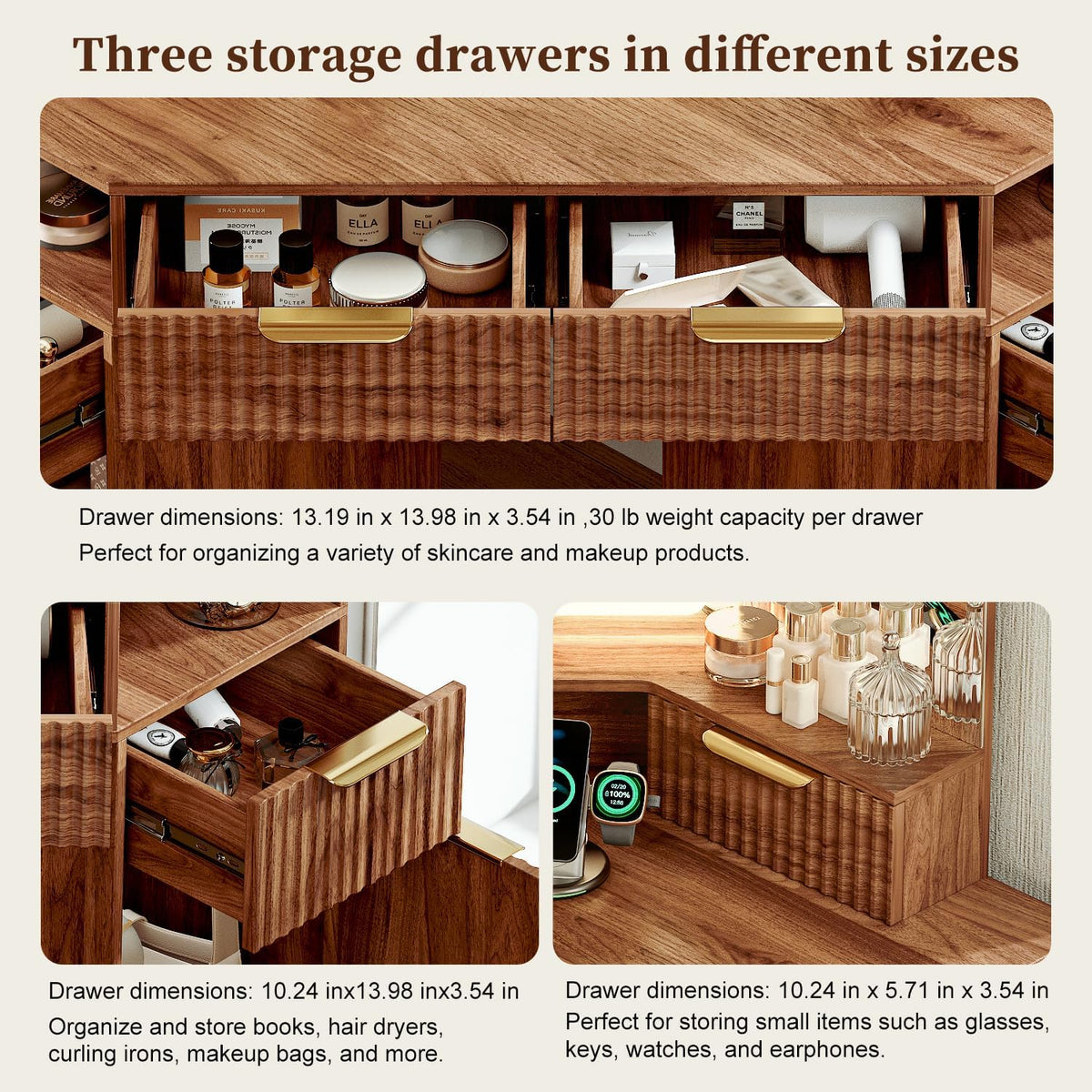 Close-up of three storage drawers open with cosmetics inside and drawer dimension text