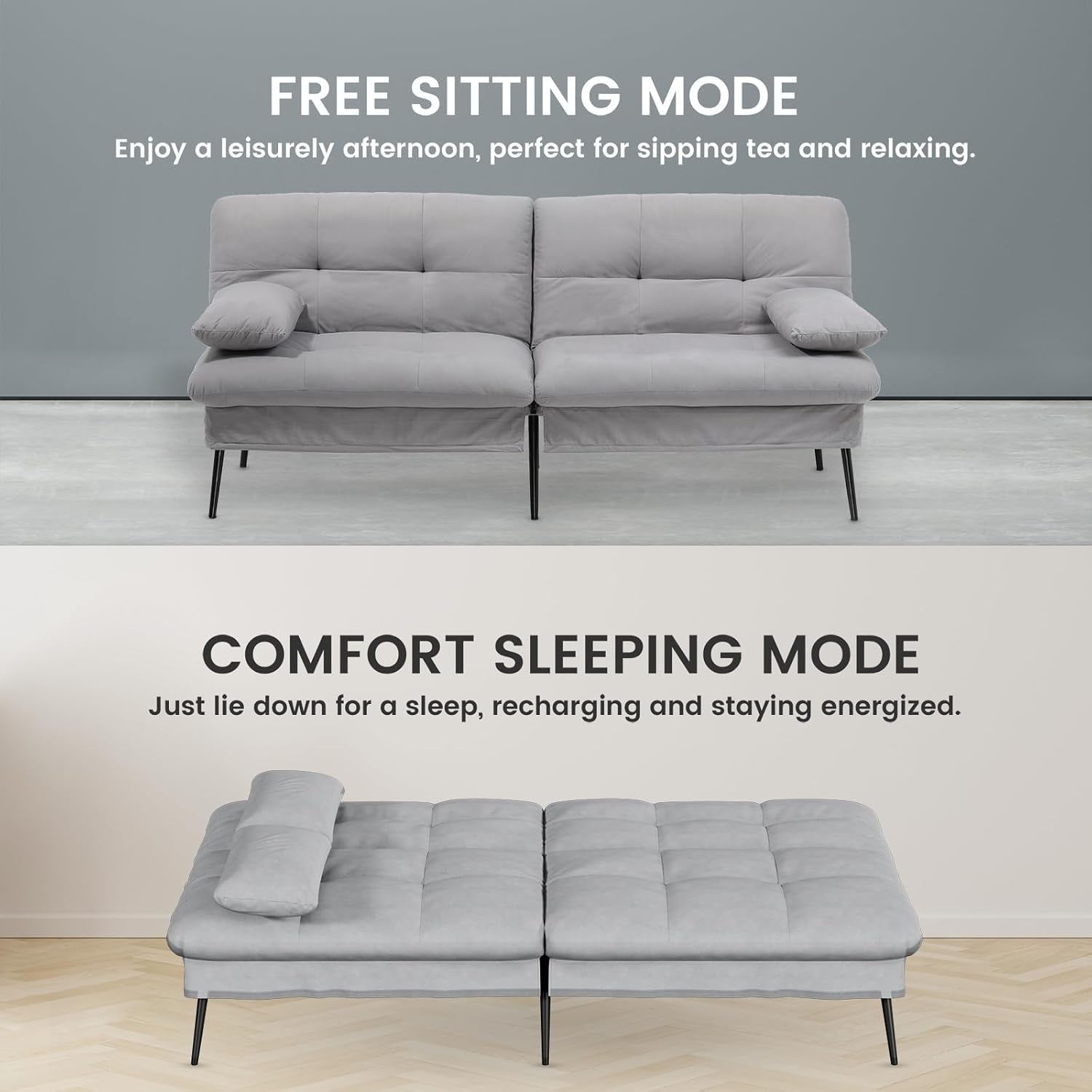 Top: gray futon arranged as a two-seat sofa; bottom: same futon laid flat as a bed with a bolster pillow.