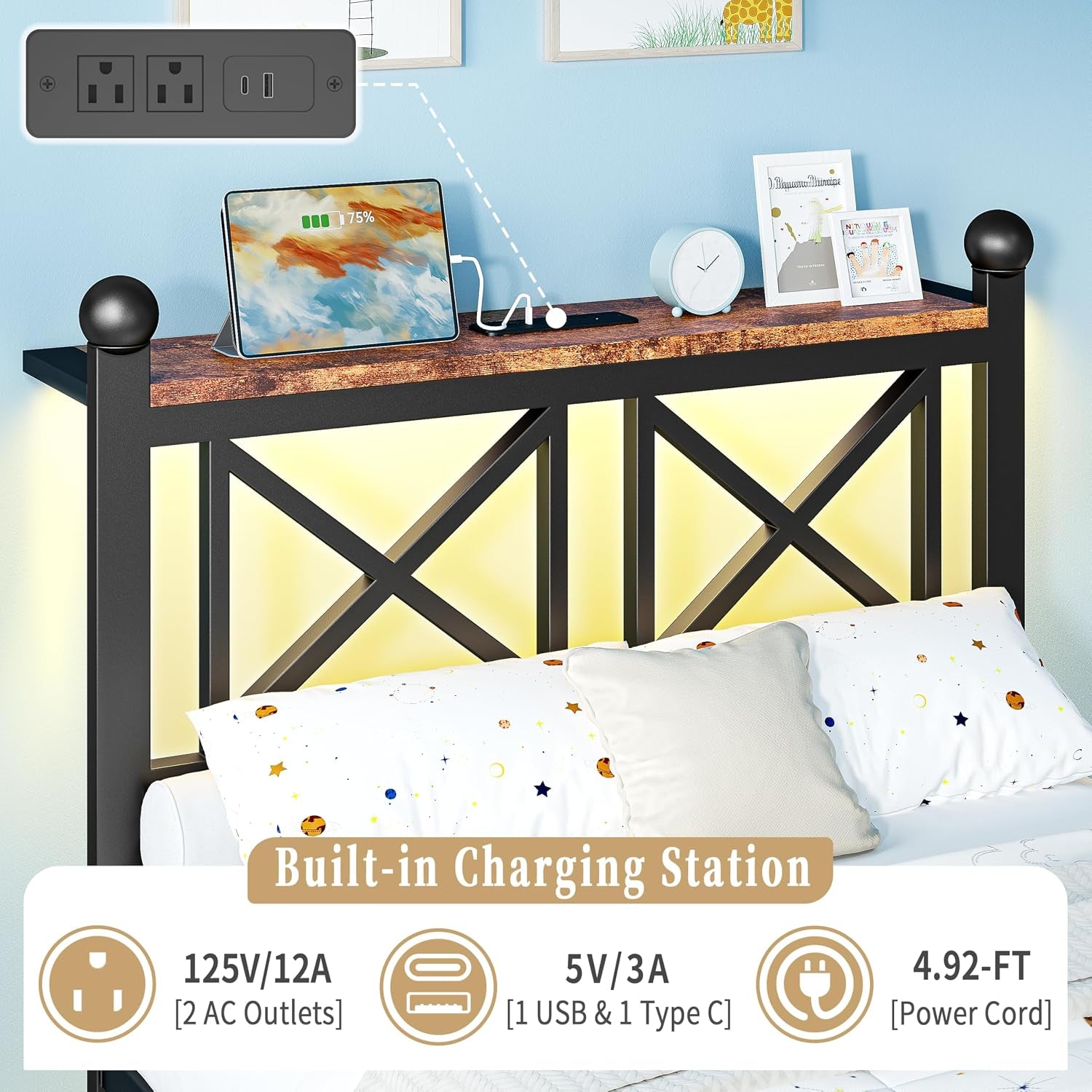 Close-up of headboard shelf showing wood top, tablet charging, small clock, and inset power/USB ports.