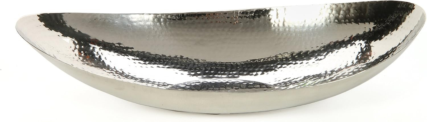 Hammered stainless steel oval bowl close-up front view showing reflective hammered interior