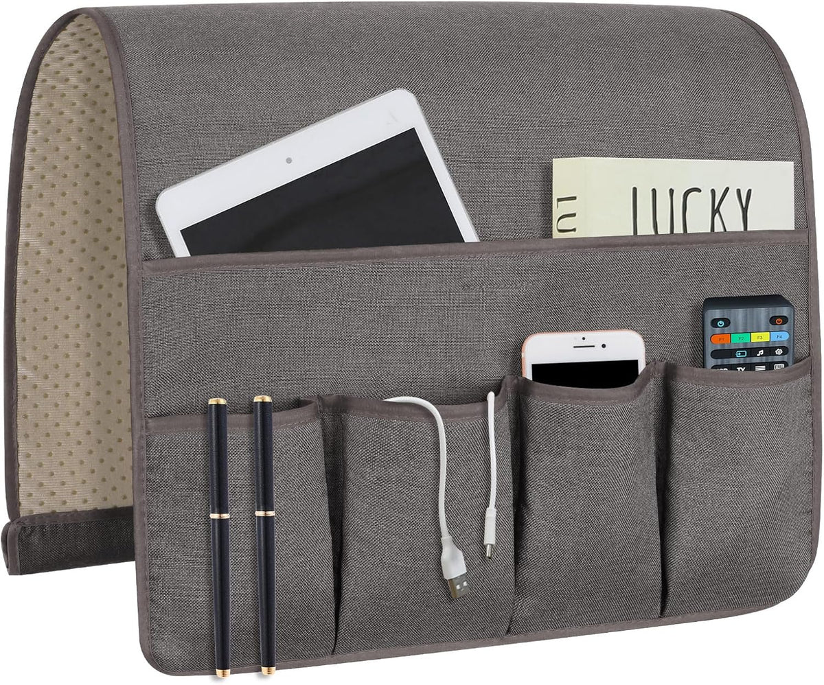 Grey organizer displayed flat with tablet in top pocket and pens, cable and phone in lower pockets