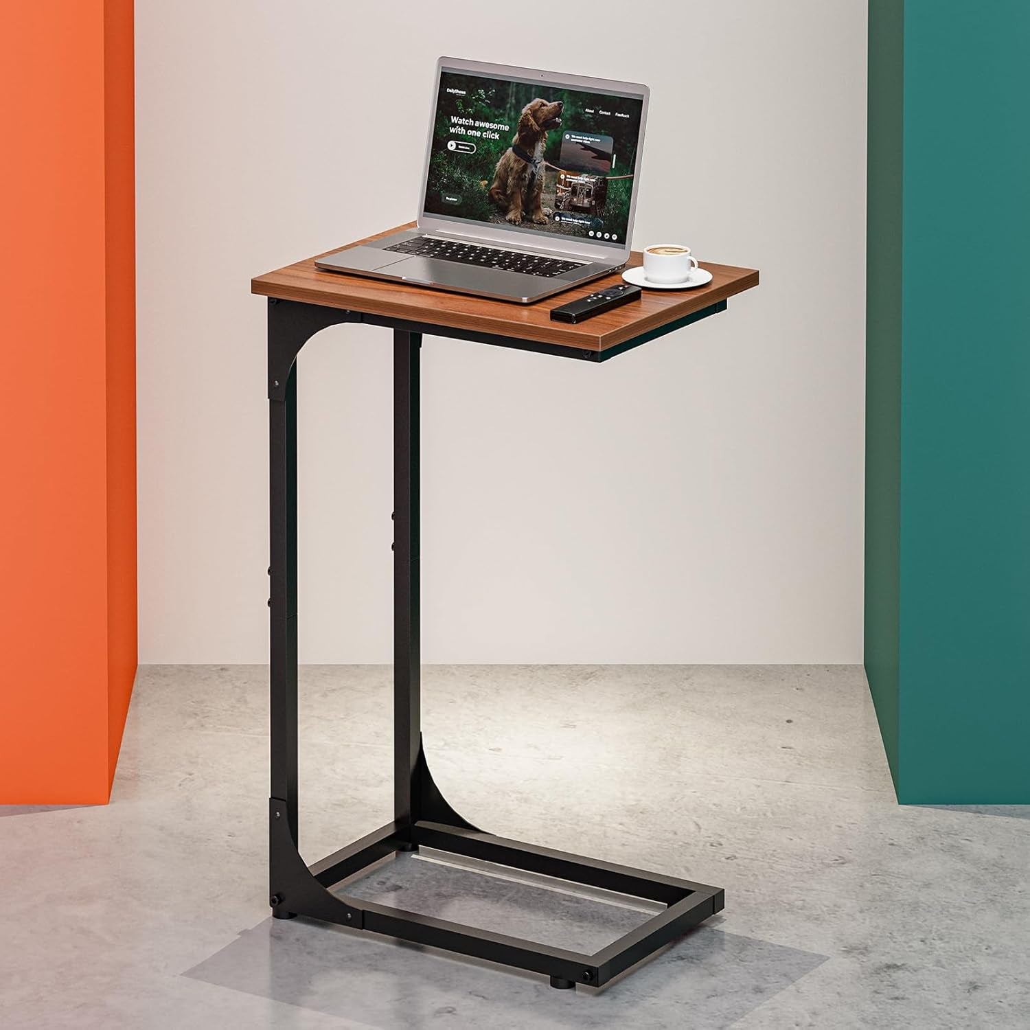 Single C-shaped end table with warm wood top and black metal frame, shown with a laptop and coffee cup.