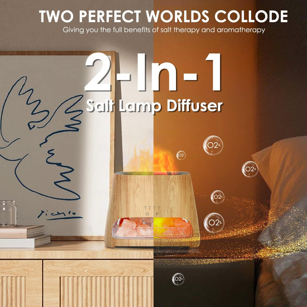 Wood-grain diffuser on a tabletop shown in split day/night styling with decorative oxygen bubble graphics