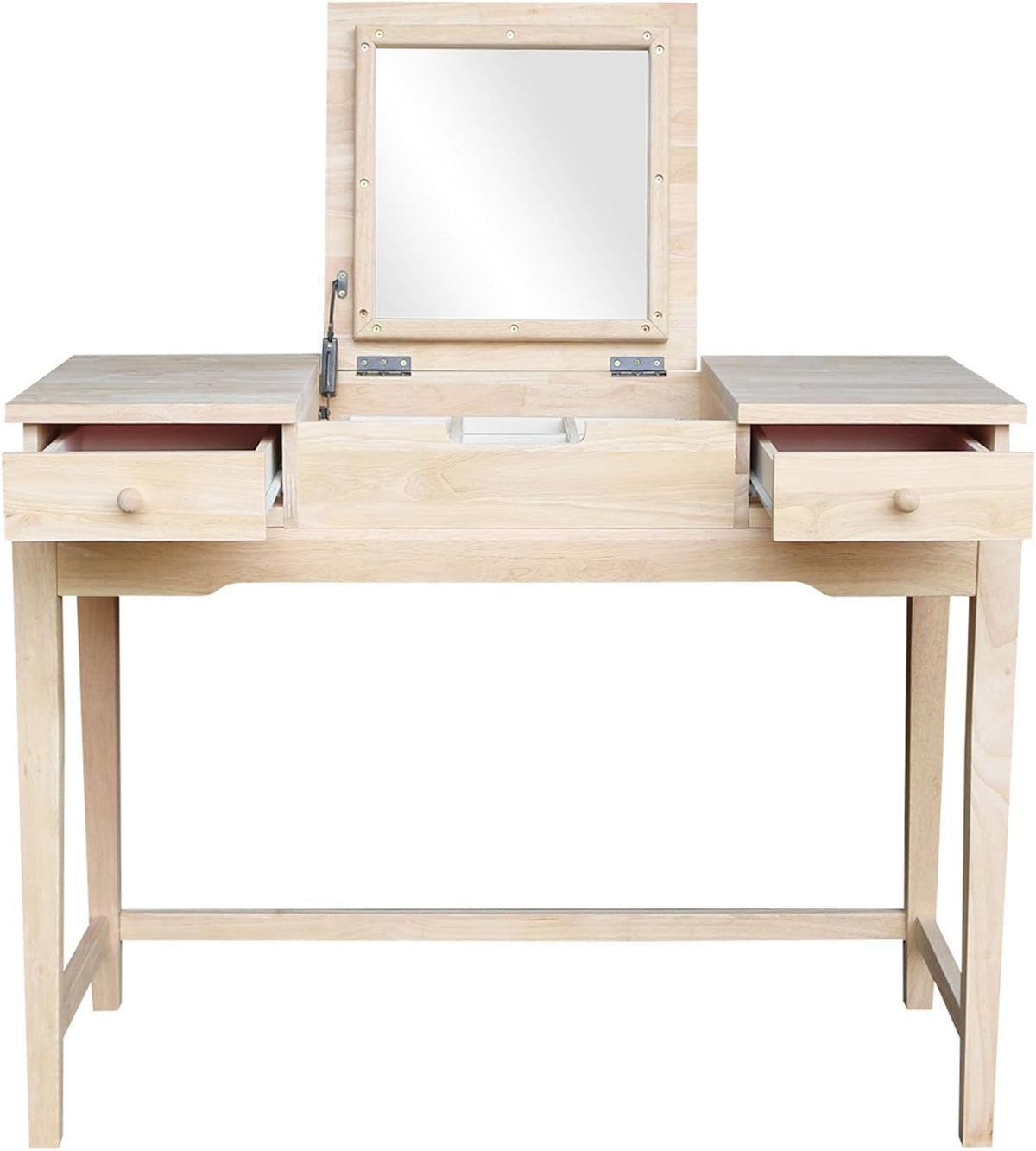 Close frontal view of the vanity's flip-up mirror framed in parawood above the center storage well.