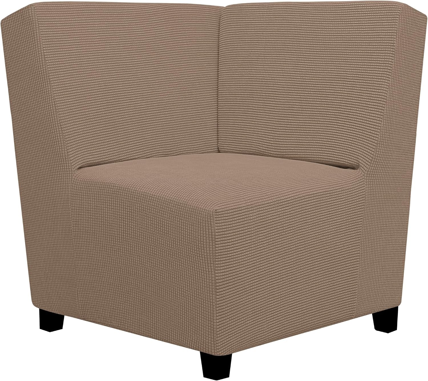 Three-quarter angle of a corner chair covered in warm taupe fabric, showing black tapered legs