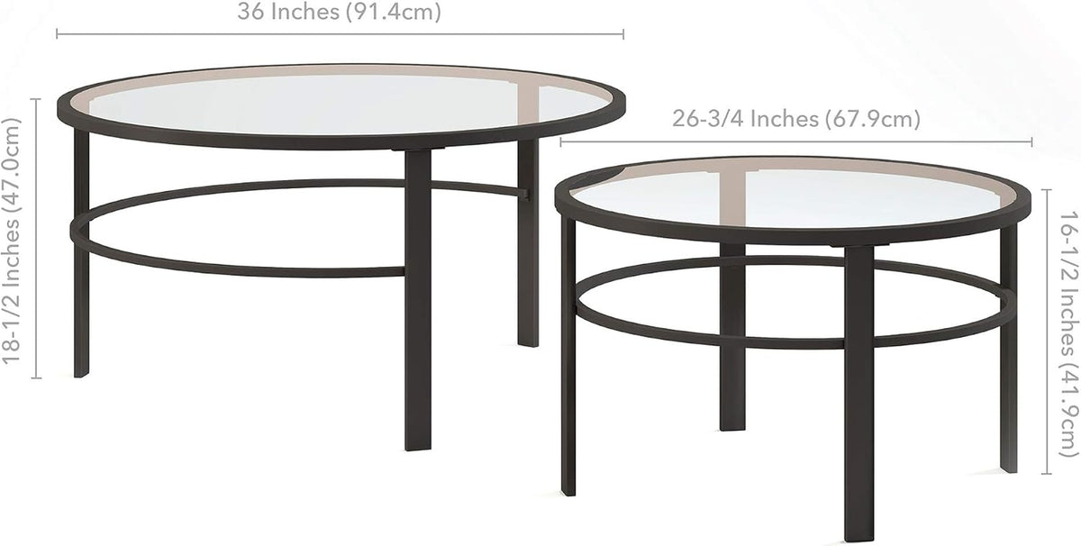 Two-piece round nesting tables with dimension labels showing 36-inch and 26.75-inch diameters