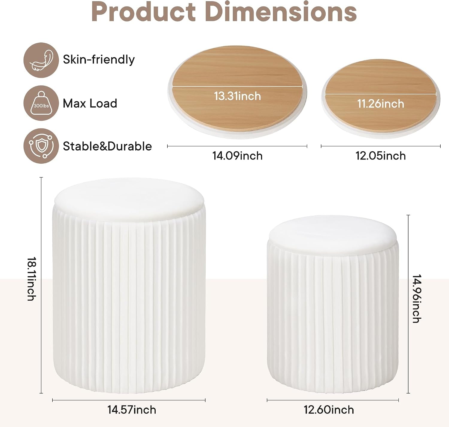 Graphic showing product dimensions for large (14.57" x 18.11") and small (12.60" x 14.96") ottomans