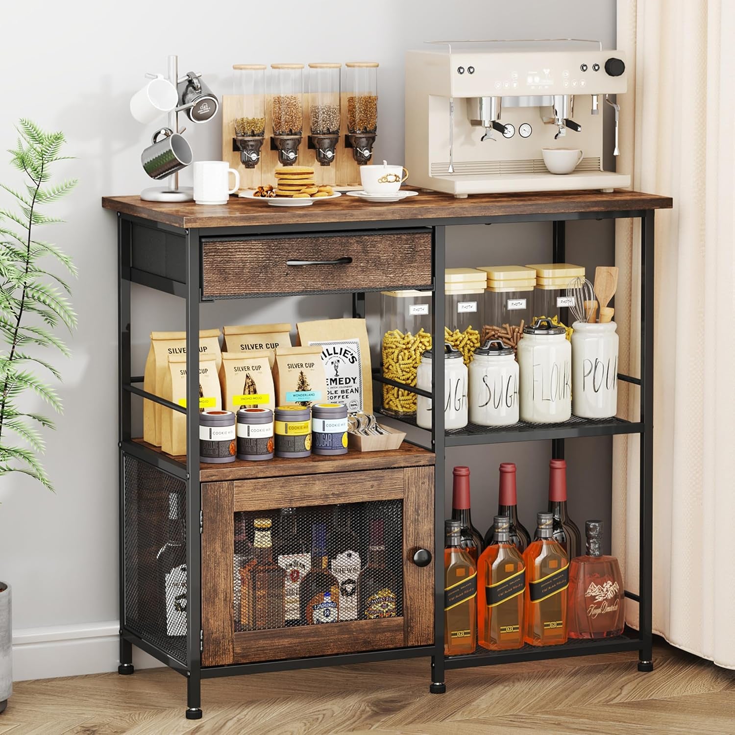 Espresso wood-top buffet with black metal frame, drawer, mesh cabinet and open shelving filled with jars and bottles