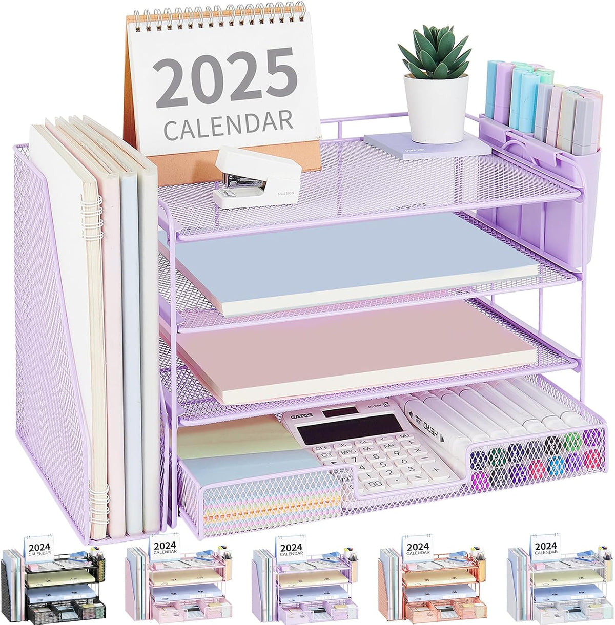 Lavender mesh 4-tier desktop file sorter staged with notebooks, calendar and stationery