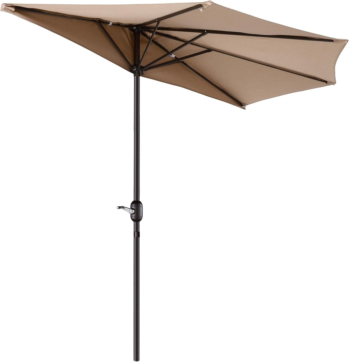 Tan half-round umbrella canopy and black pole shown from below at an angle, crank visible on pole