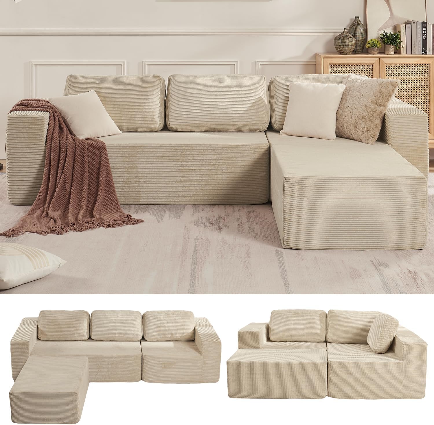 Furnify 136" Cloud Sectional Couch, Left/Right Facing Convertible Sofa with Deep Seat, L-Shape Modular Upholstered Foam Couch for Living Room Bedroom, No Assembly Required (Corduroy Fabric, Beige)