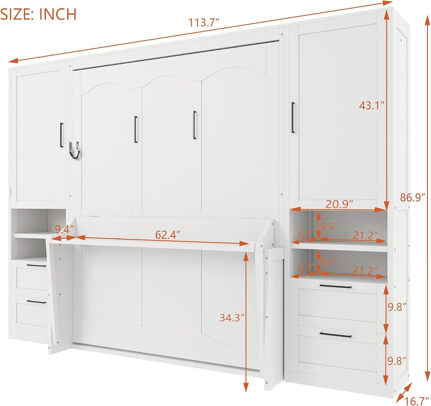 White Murphy wall bed cabinet with desk lowered and dimensional callouts showing shelf and drawer measurements