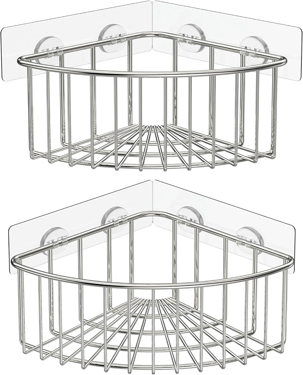 Front close-up of two stainless steel corner baskets showing vertical wire bars and clear adhesive adhesive backing pads.