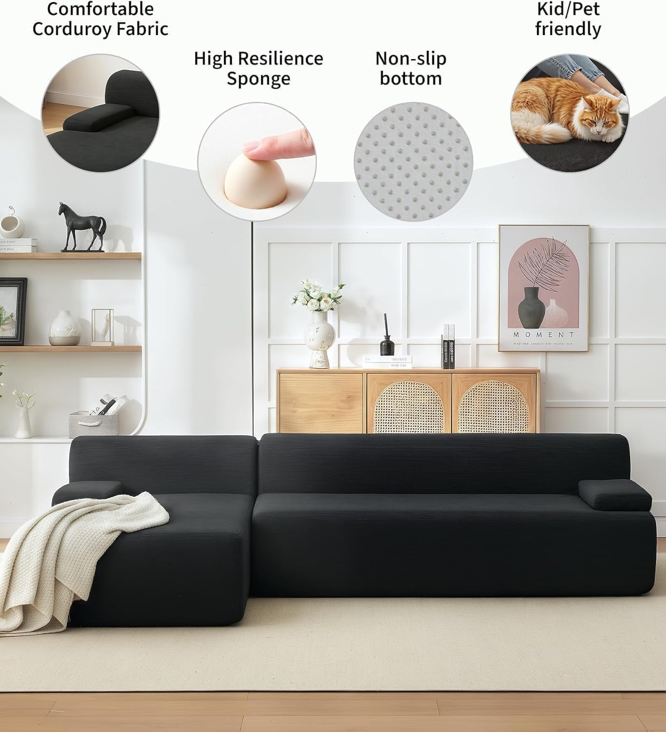 Oversized 108" Corduroy Cloud Sectional, Left-Facing Chaise Boneless Modular Sofa, Soft Deep Lounger for Living Room, No Assembly Needed