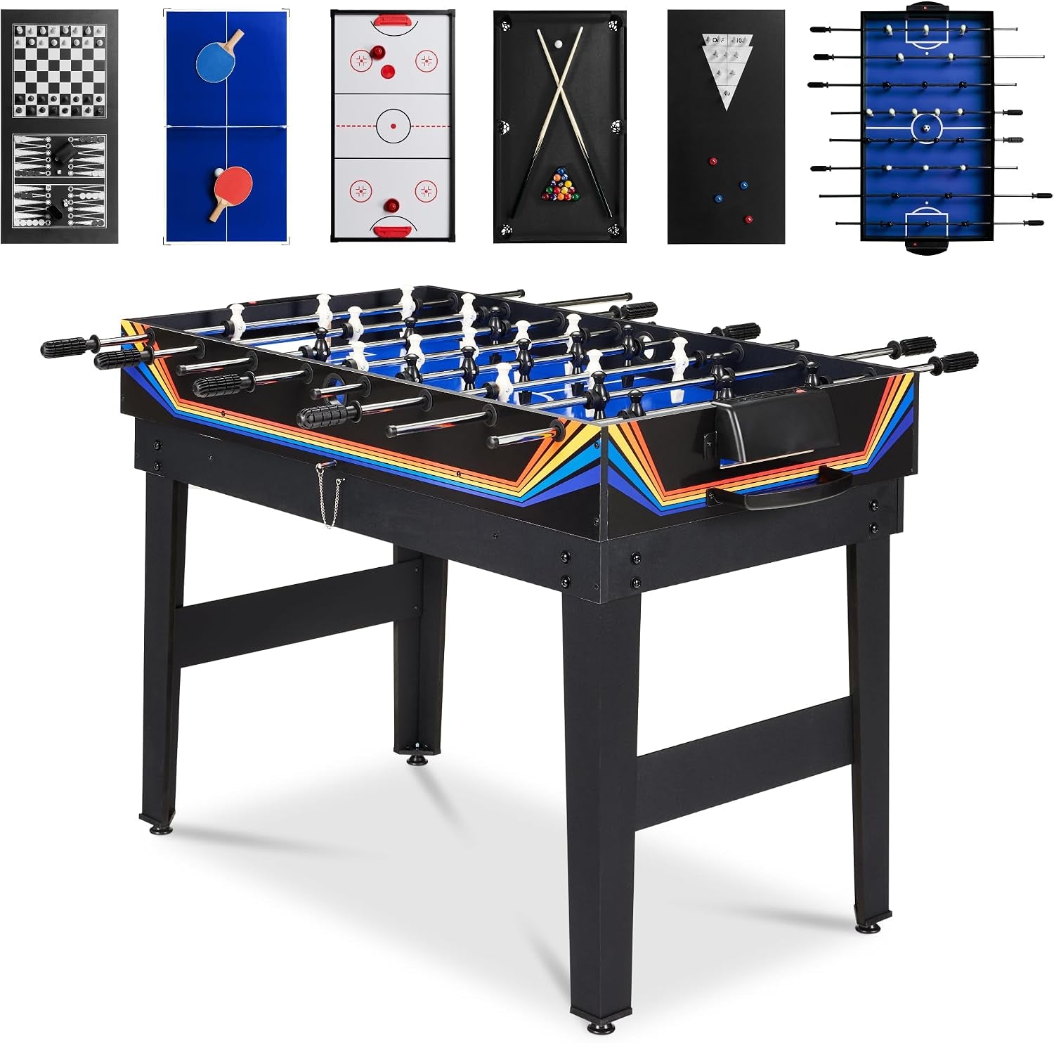 Angled view of a black foosball table with rainbow side stripes and blue playing field, small game board icons above.