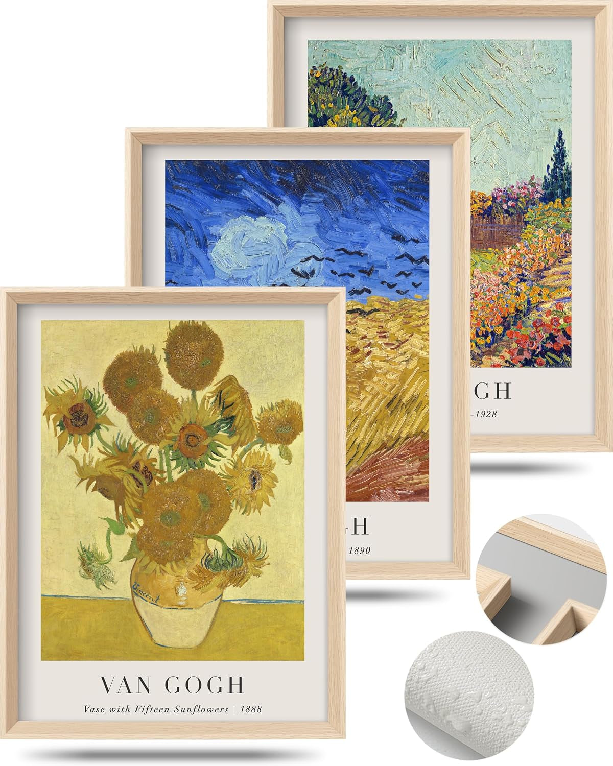Three framed Van Gogh–style prints including sunflowers and fields, plus circular close-ups of frame and canvas