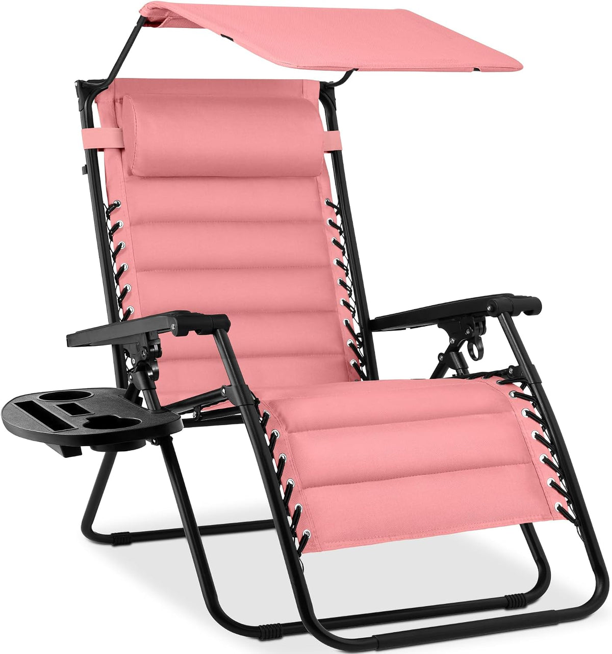 Close angled view of a pink recliner showing head pillow, padded seat channels and laced fabric edges