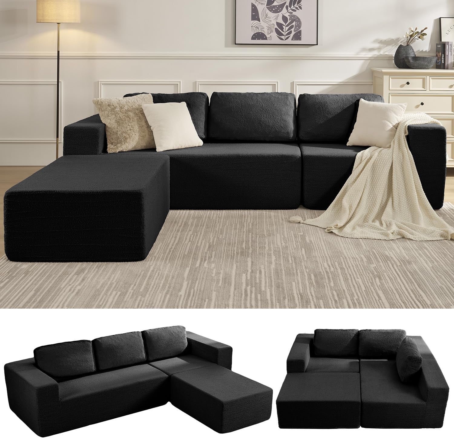 L-shaped black modular sectional arranged with ottoman in a living room and two small configuration thumbnails below.