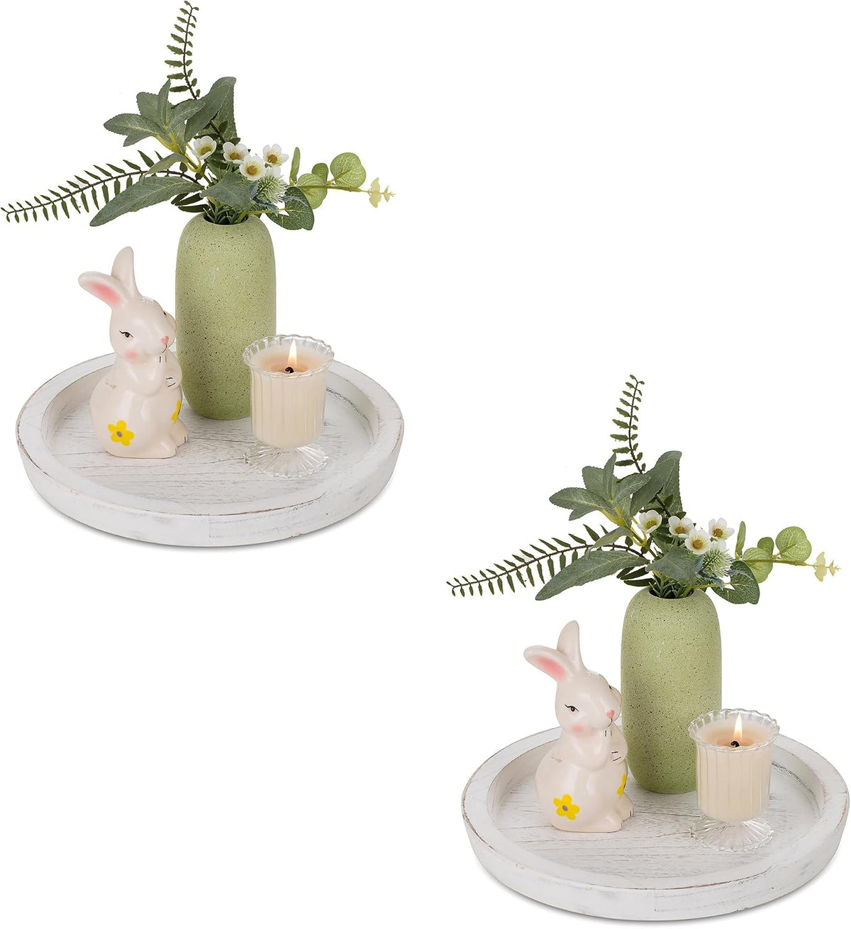 Whitewashed round wooden tray styled with a green vase, bunny figurine and lit candle
