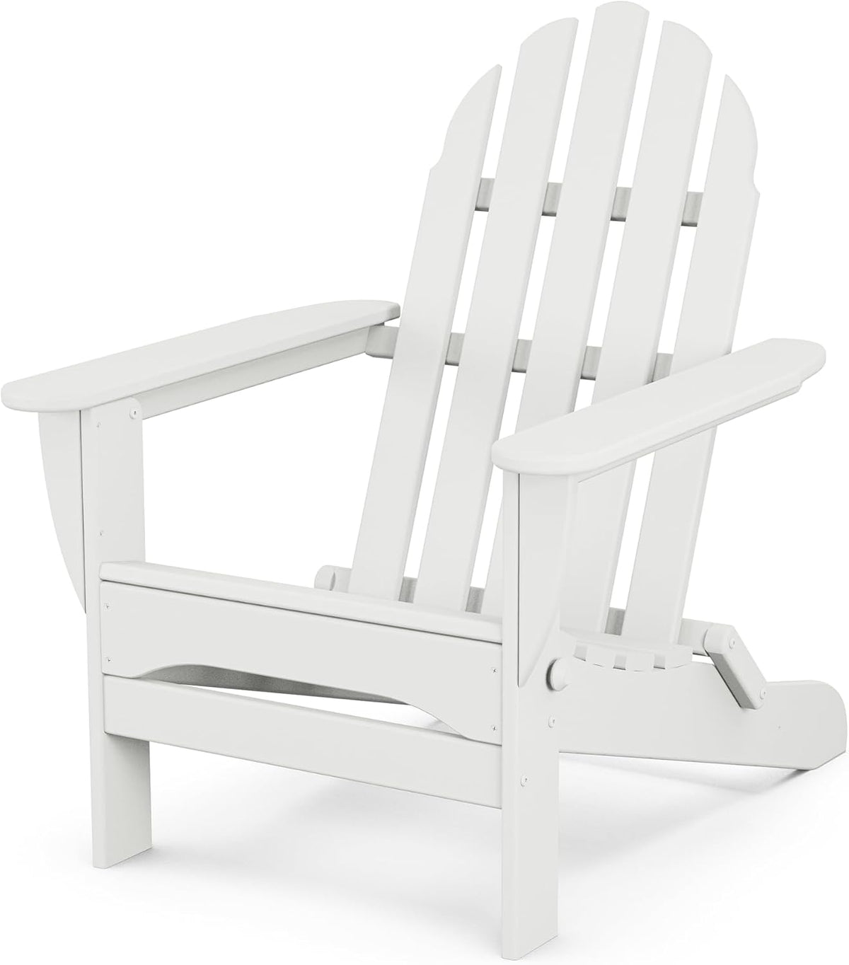 White Adirondack chair studio shot highlighting lower seat support, armrest and slatted back.