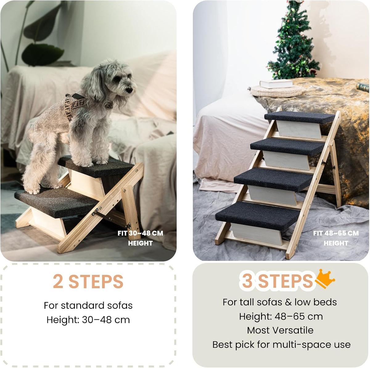 Small gray-and-white dog standing on a three-step birch stair beside an empty three-step unit in a bedroom scene