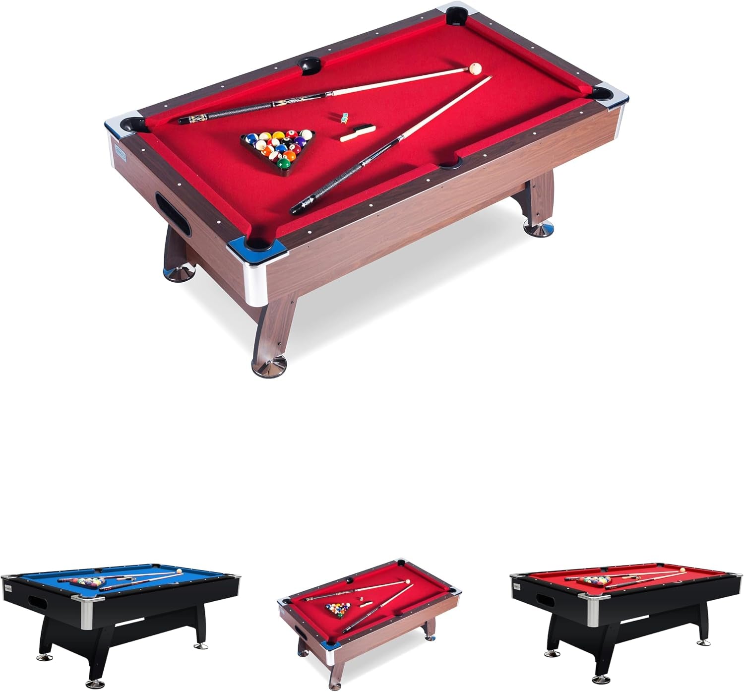 Three-quarter overhead view of a wood-finish pool table with red felt, cues, rack of balls and chrome corner caps.