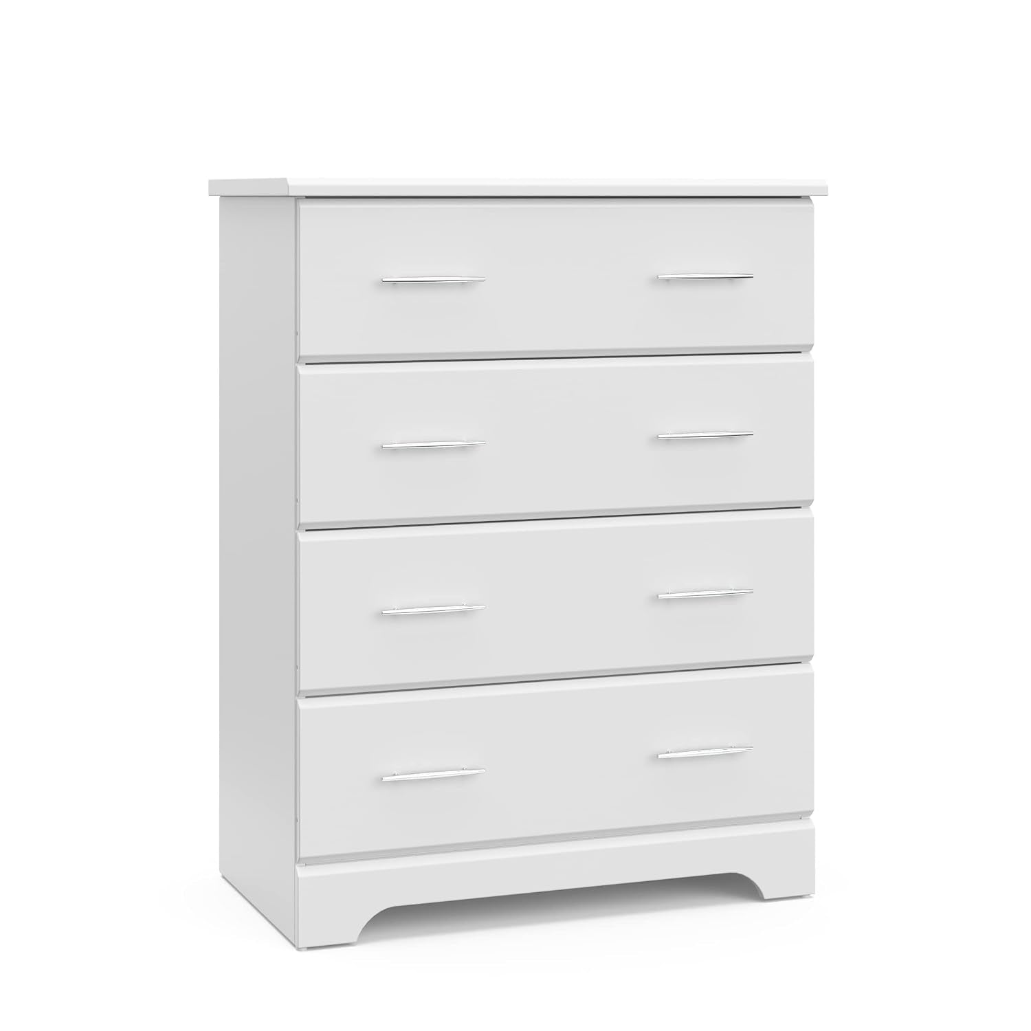 Angled front view of a tall white four-drawer chest with chrome handles on a white backdrop