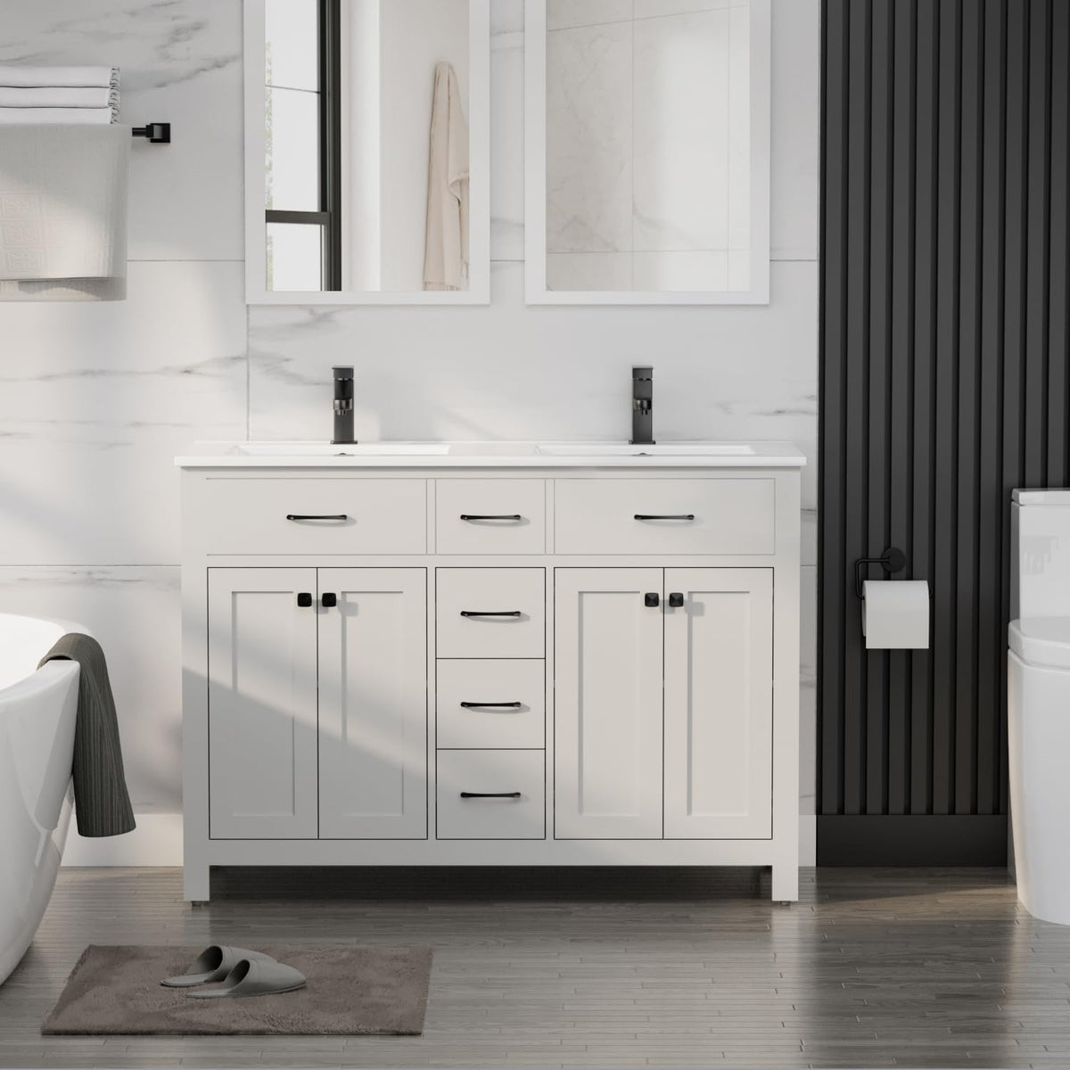 Wide view of a double-sink vanity with two faucets, two mirrors and central cabinet storage.