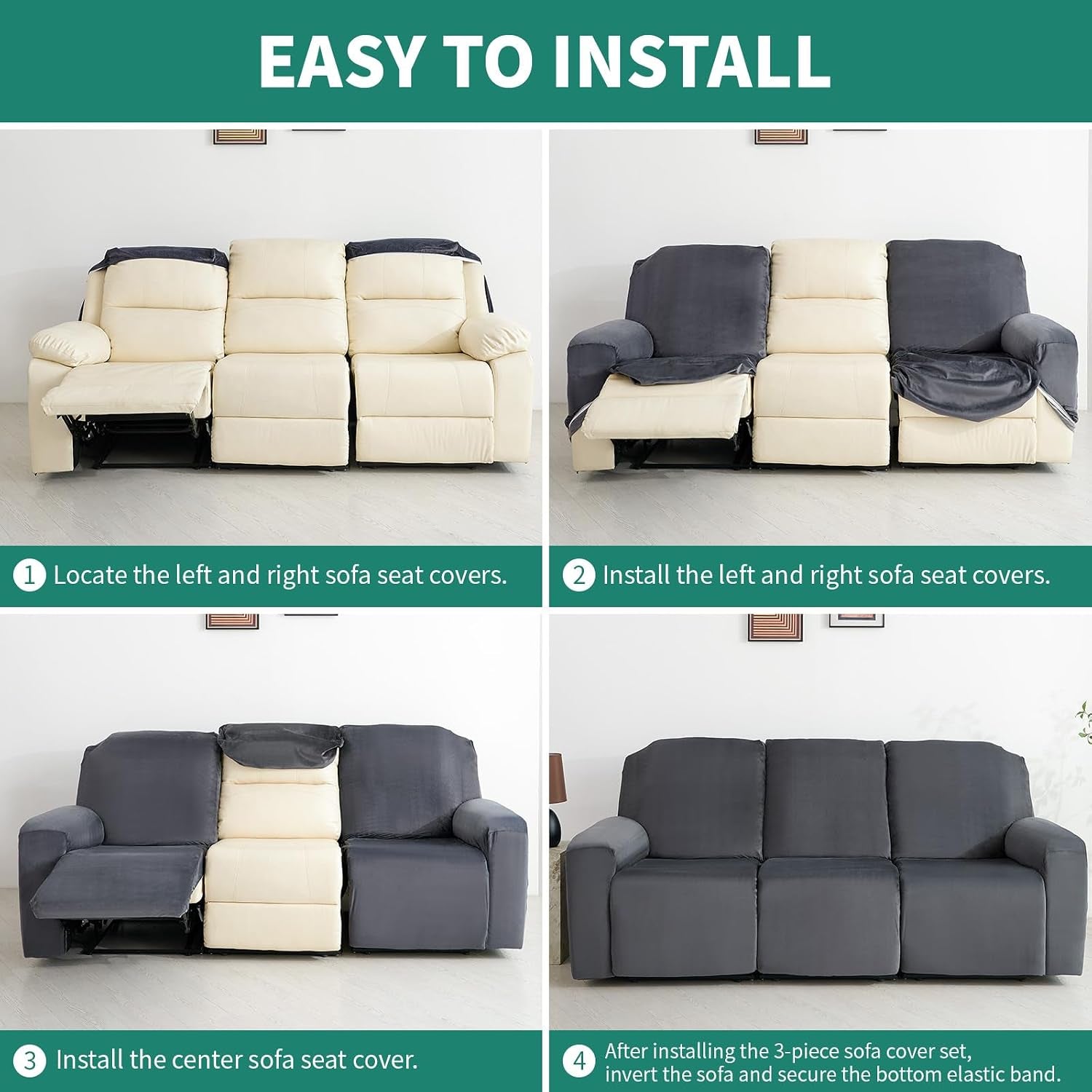 Four-step installation collage showing left and right seat covers installed, center cover added, and final secured 3-piecefit