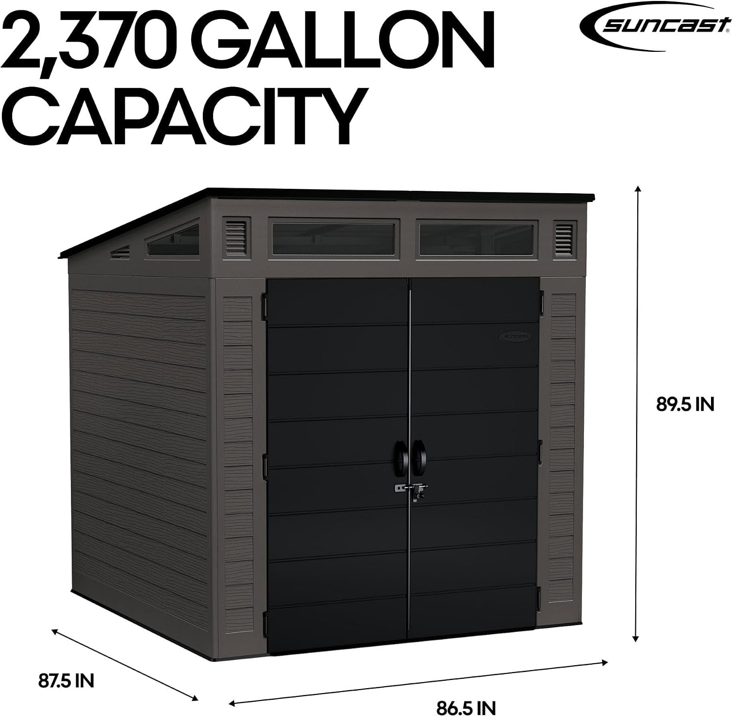 Front-angle product image on white background with large capacity headline and dimensional arrows indicating overall size