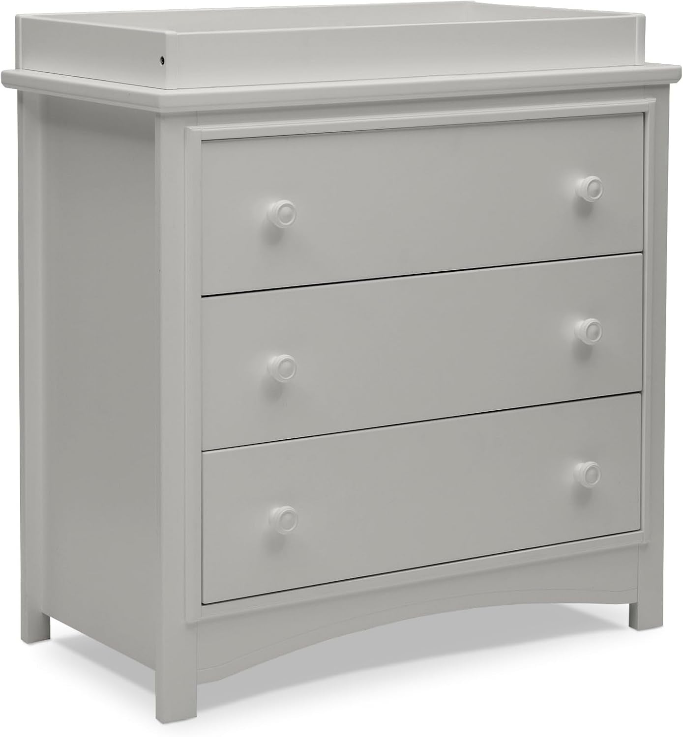 White dresser with changing top showing straight front and curved base detail, front view.