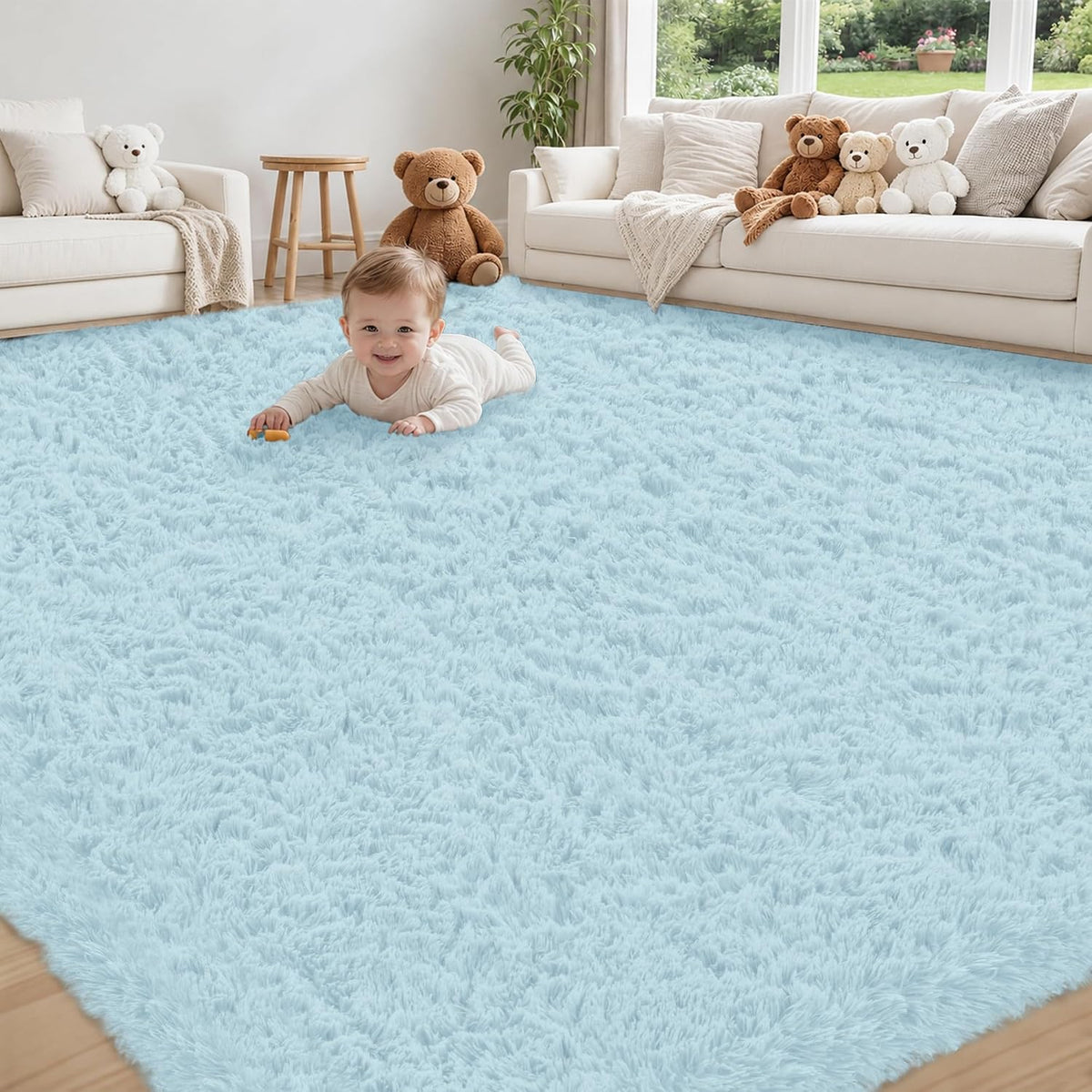 Baby crawling on a pale blue fluffy shag rug in a bright living room staged with sofas and stuffed bears.