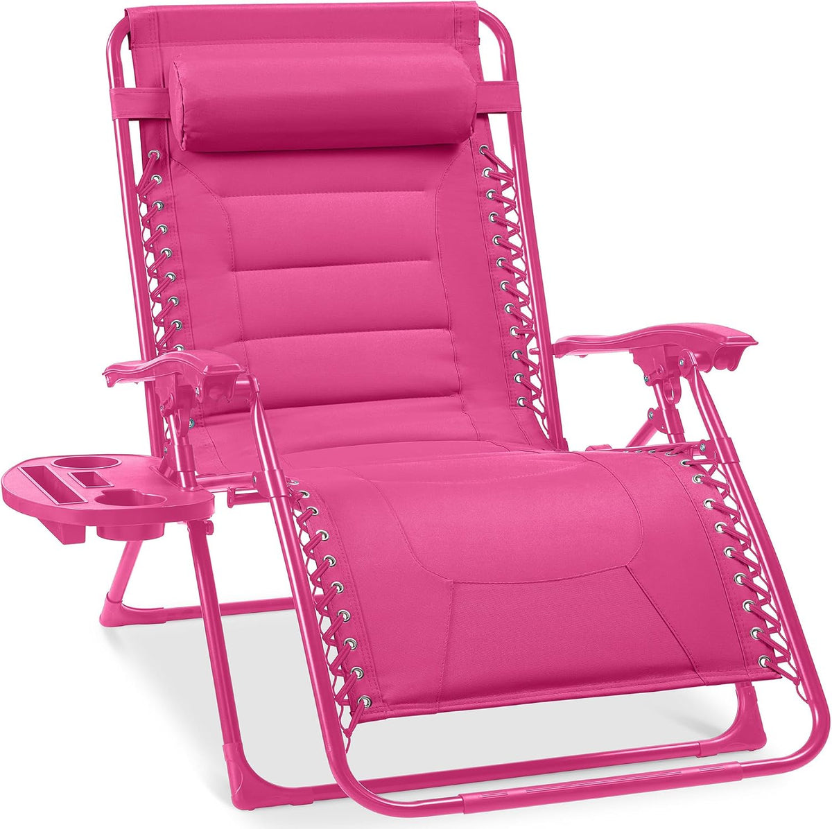 Angled close-up of a bright pink padded zero-gravity chair with cup tray and head pillow