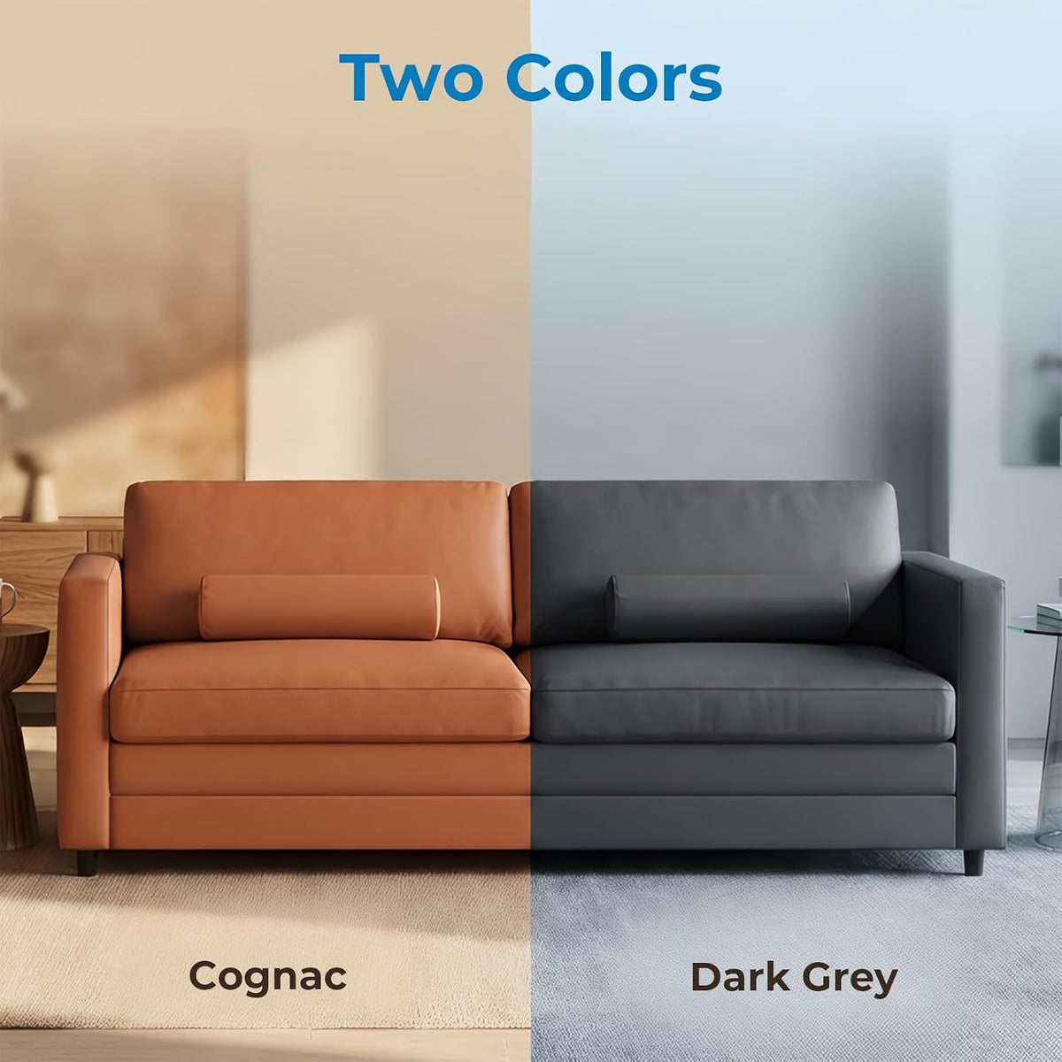 Split image showing the same sofa in cognac leather on the left and dark grey on the right.