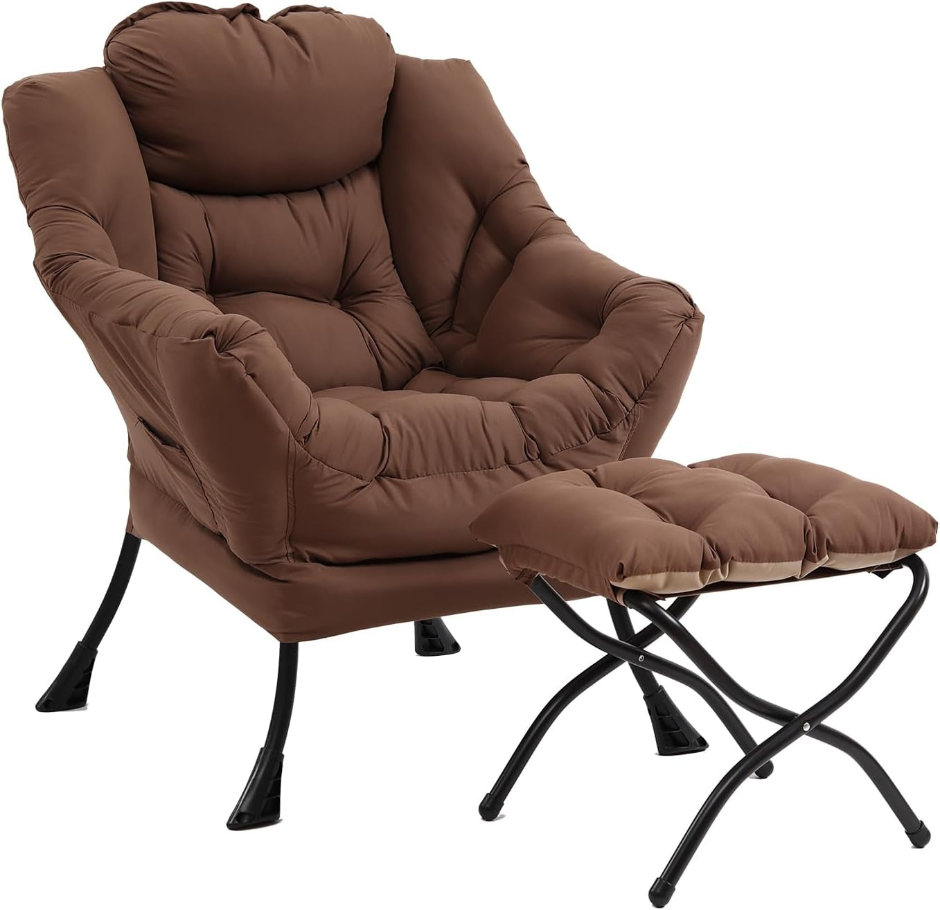 Brown padded lounge chair with matching cushioned ottoman shown from a front angle on white background.